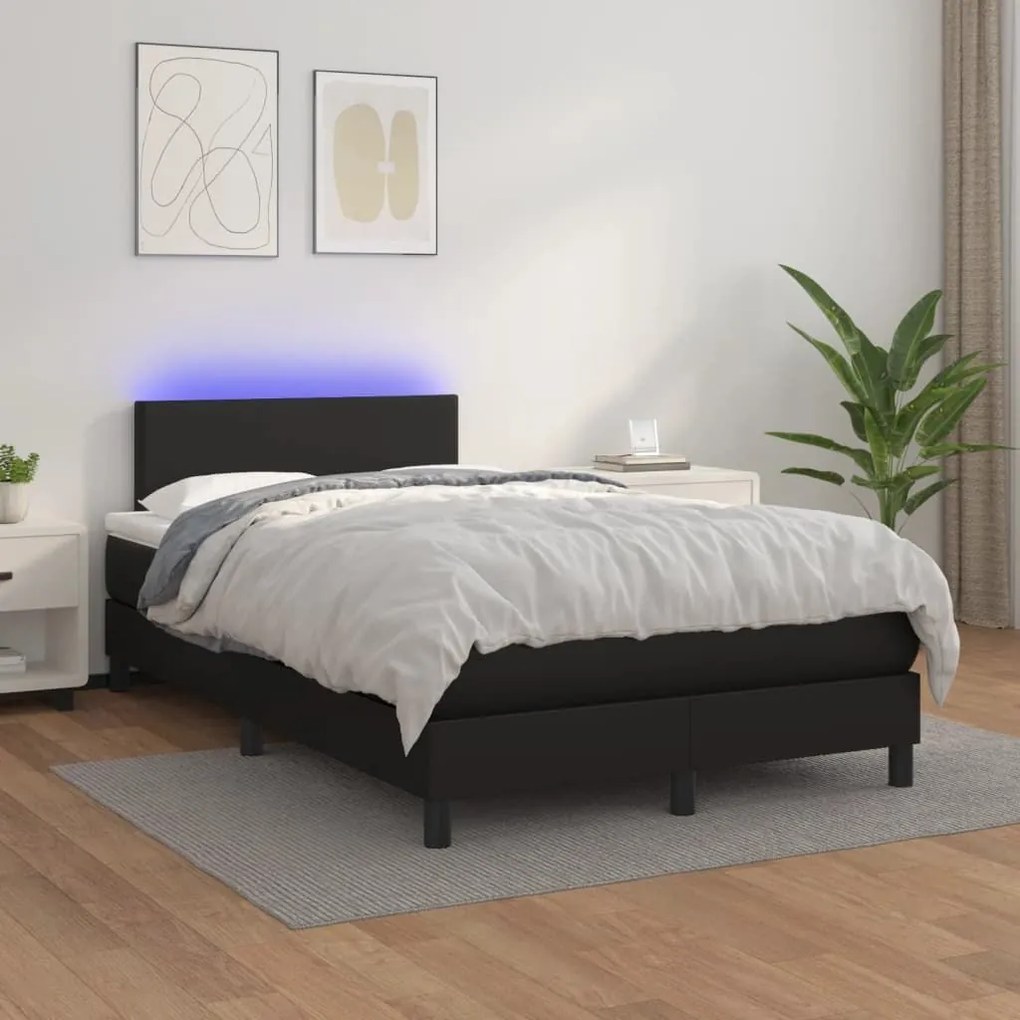 Κρεβάτι Boxspring με Στρώμα&amp;LED Μαύρο 120x190εκ.Συνθετικό Δέρμα - Μαύρο