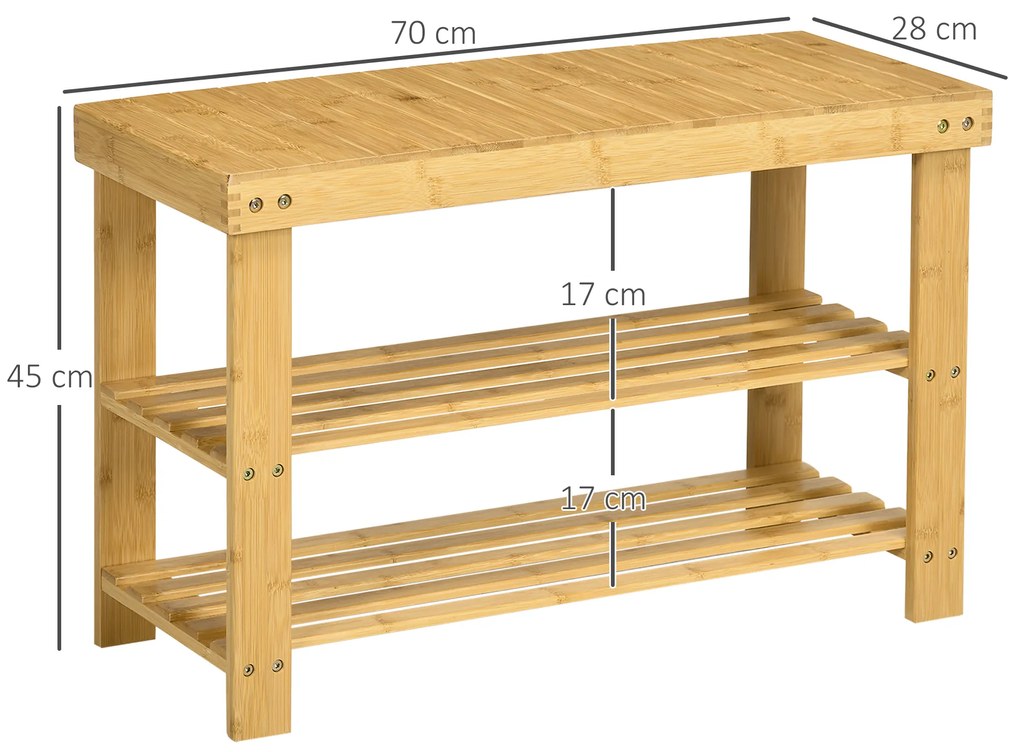 HOMCOM Παπουτσοθήκη, 3 επίπεδα, χωρητικότητα 6-9 ζευγάρια παπούτσια, έως 130 kg, μπαμπού, 70 x 28 x 45cm