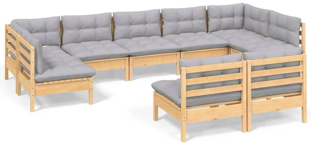 vidaXL Σαλόνι Κήπου Σετ 9 Τεμαχίων Μασίφ Ξύλο Πεύκου με Γκρι Μαξιλάρια