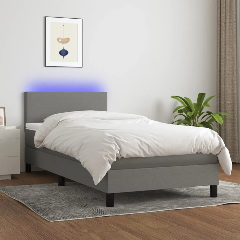 Κρεβάτι Boxspring με Στρώμα & LED Σκ.Γκρι 90x190 εκ. Υφασμάτινο
