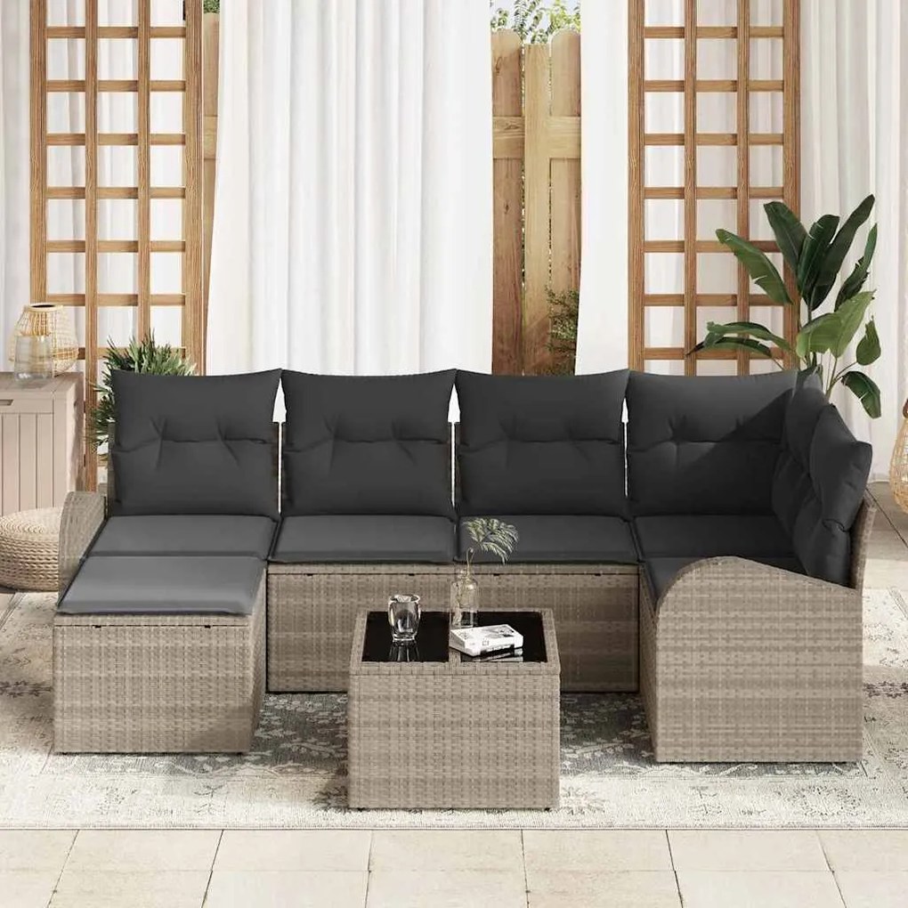 vidaXL Σετ Καναπέ Κήπου με μαξιλάρι 7 pcs Ανοιχτό γκρι Πολυ ράταν