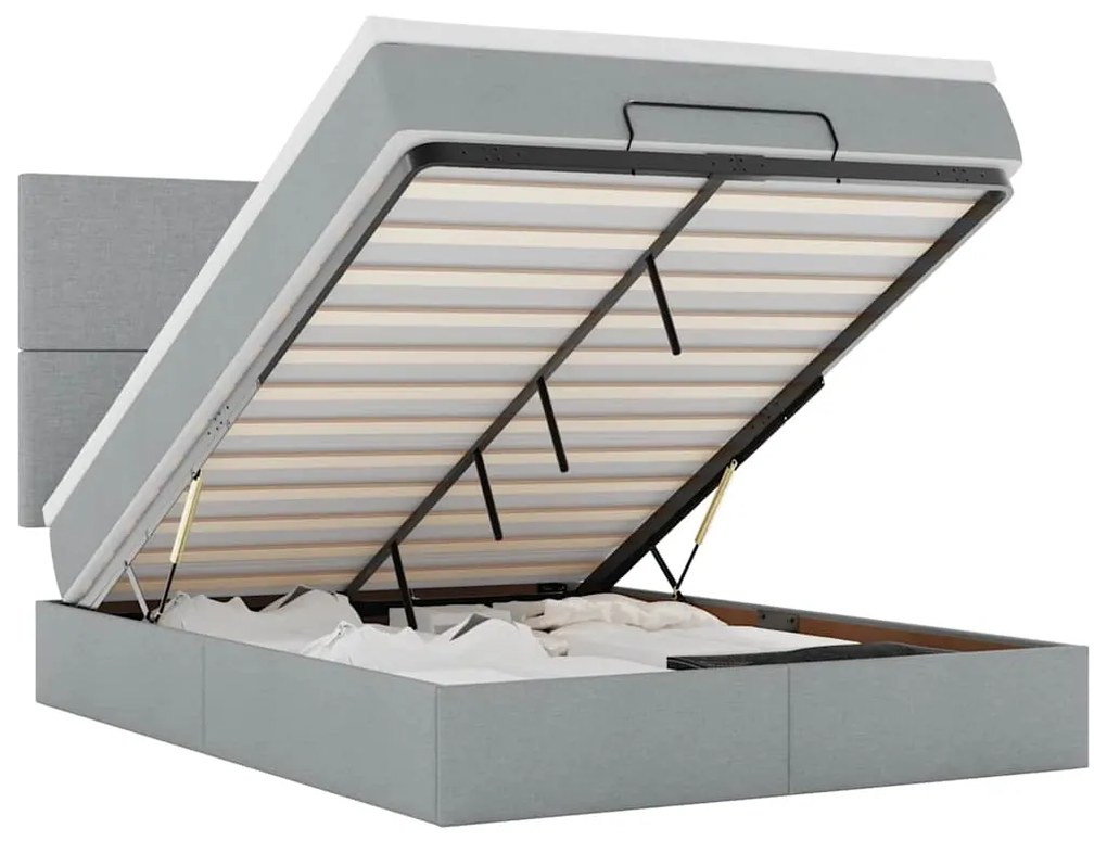 vidaXL Οθωμανικό κρεβάτι με στρώμα &amp; LEDs Ανοιχτό γκρι ύφασμα