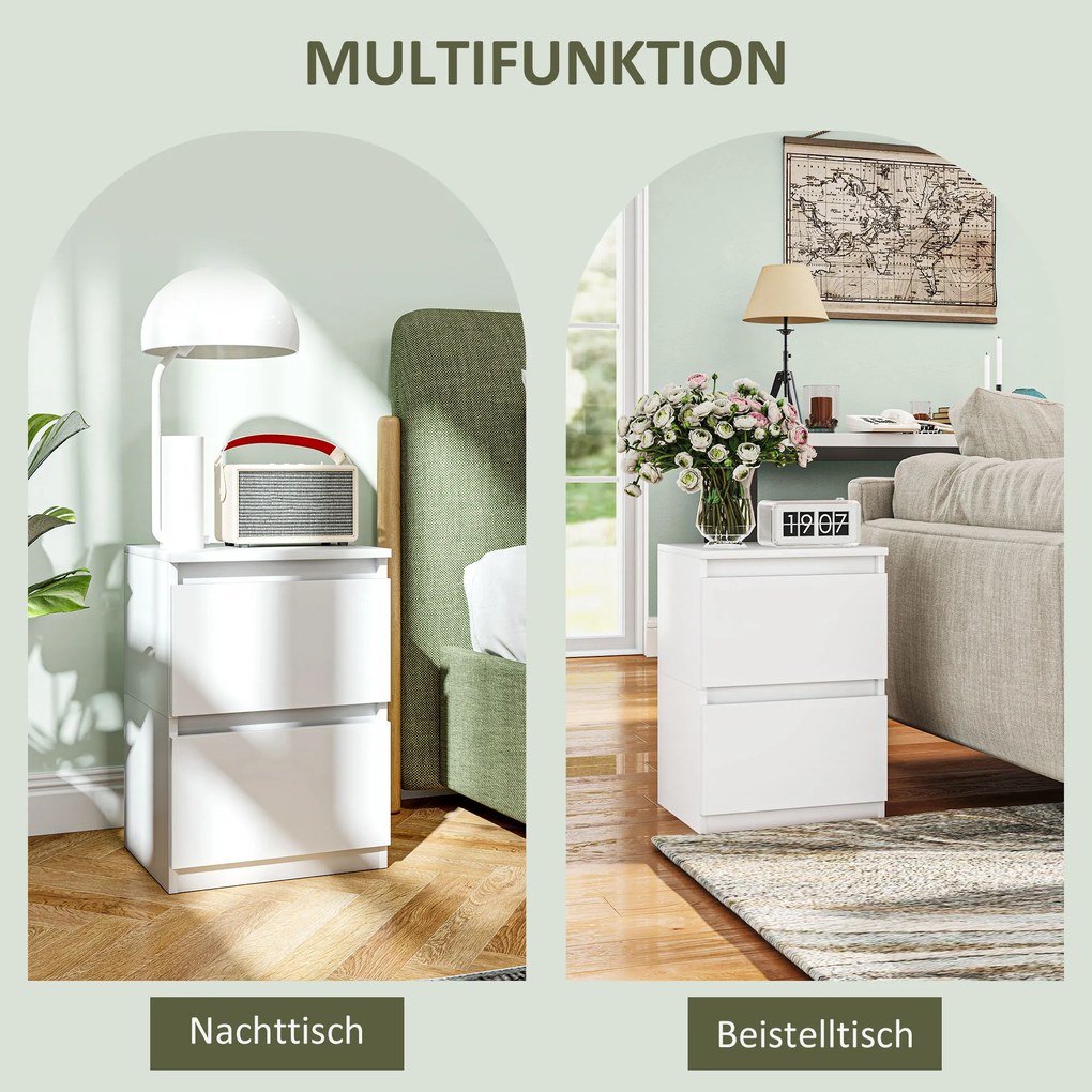 HOMCOM Νυχτικό τραπέζι με 2 συρτάρια, βοηθητικό τραπέζι με αποθηκευτικό χώρο, για σαλόνι, υπνοδωμάτιο, Λευκό