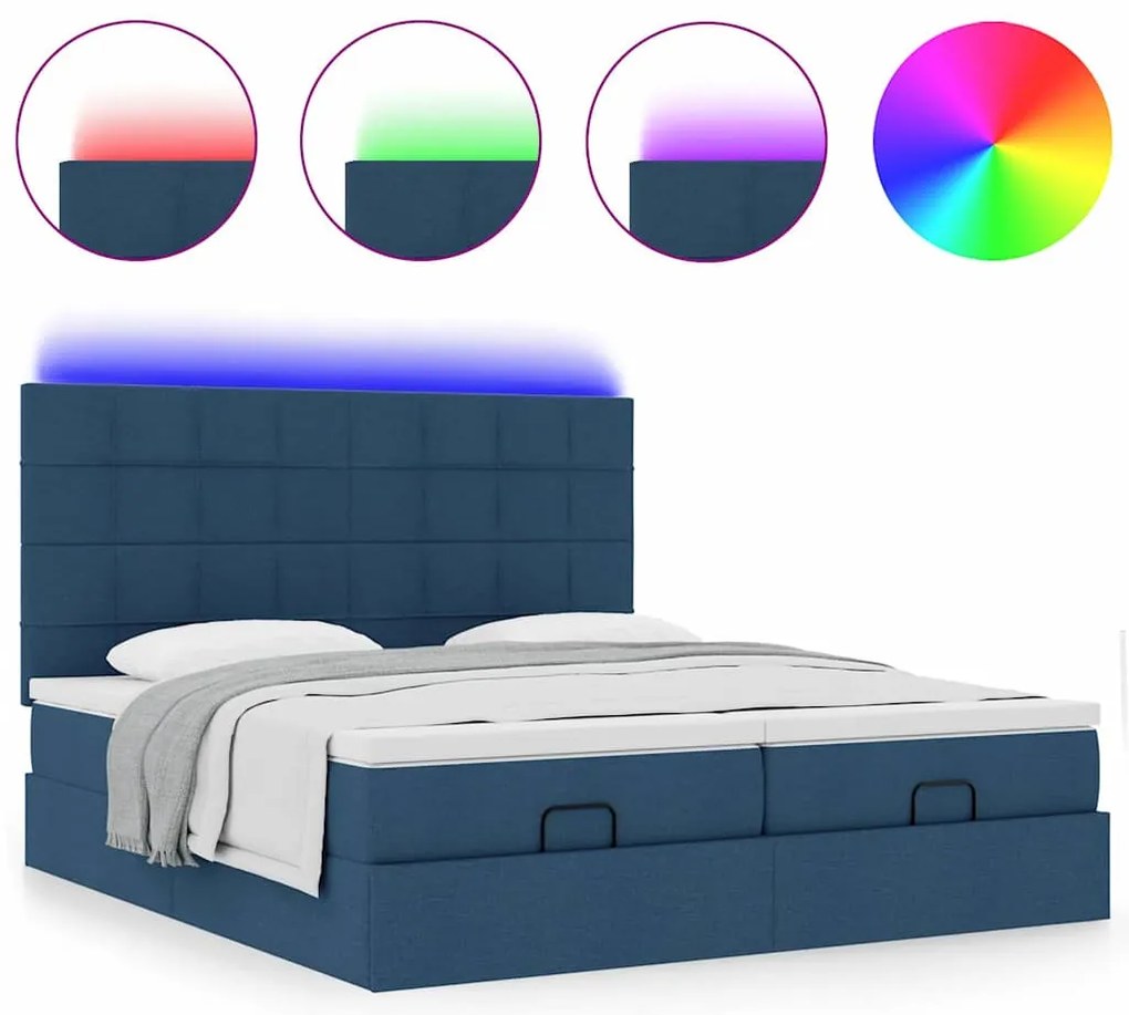 vidaXL Οθωμανικό κρεβάτι με στρώματα & LEDs Μπλε 200x200cm ύφασμα