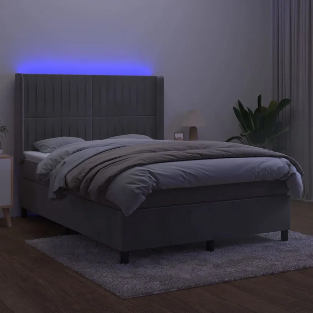 vidaXL Κρεβάτι Boxspring με Στρώμα &amp; LED Αν.Γκρι 140x200 εκ. Βελούδινο