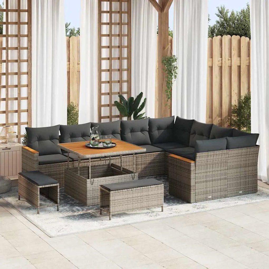 vidaXL Σετ Καναπέ Κήπου με μαξιλάρι 12 pcs Γκρι Πολυ ράταν