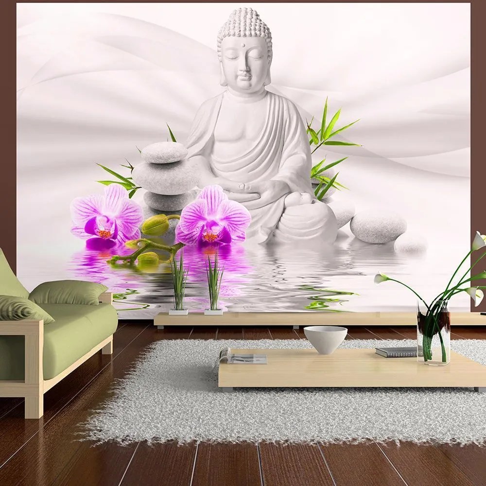 Αυτοκόλλητη φωτοταπετσαρία - Buddha and pink orchids - 245x175