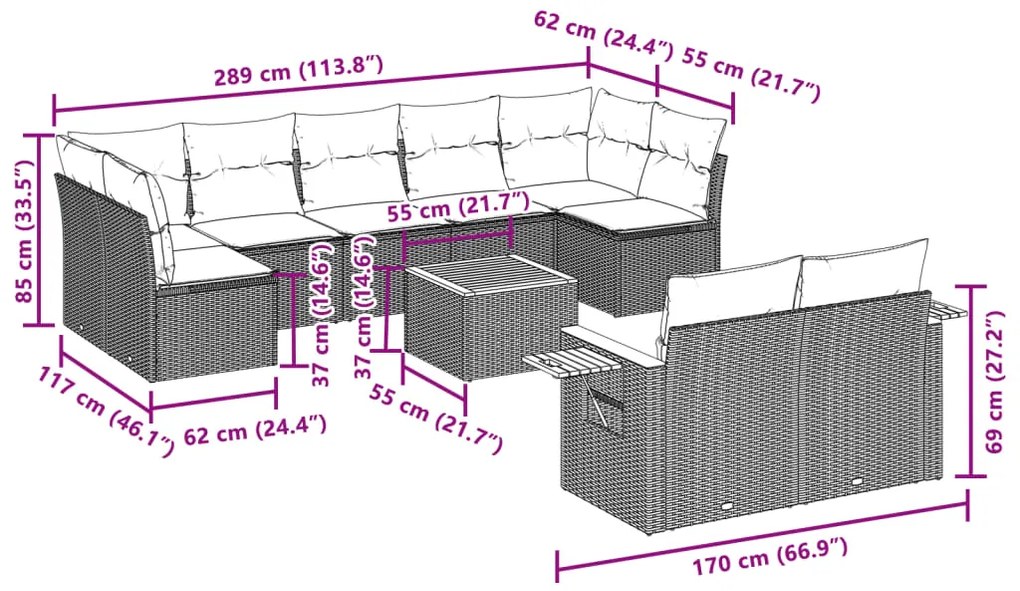 vidaXL Σετ Καναπέ Κήπου 10 τεμ. Μπεζ Συνθετικό Ρατάν με Μαξιλάρια