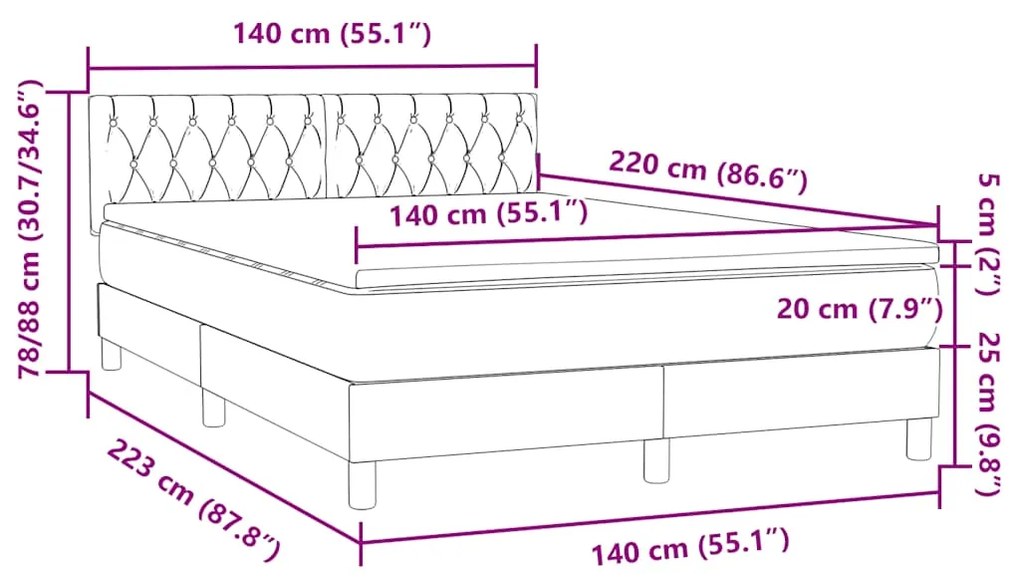 Box Spring Κρεβάτι με στρώμα Σκούρο γκρι 140x220 cm Βελούδινο - Γκρι