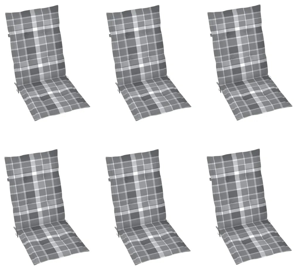 vidaXL Καρέκλες Κήπου 6 τεμ. από Μασίφ Ξύλο Teak &amp; Γκρι Καρό Μαξιλάρια