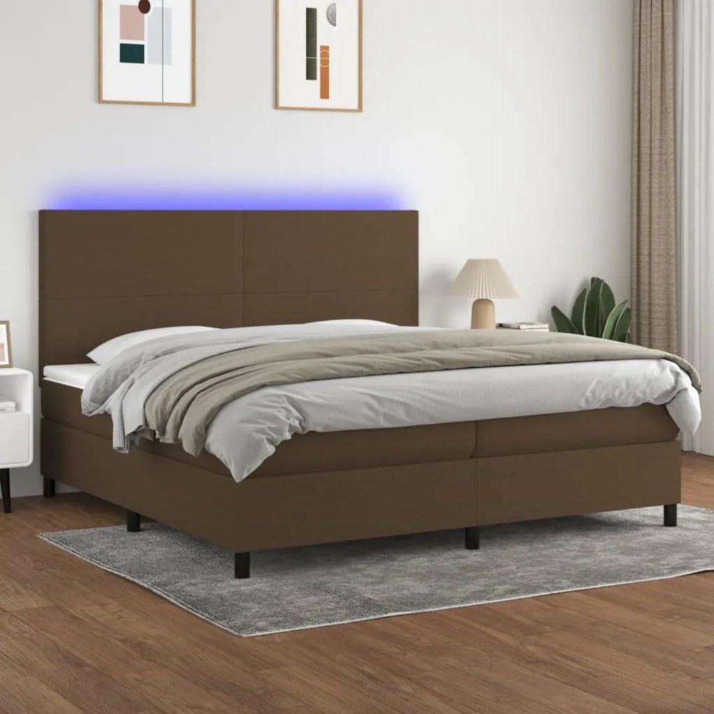 vidaXL Κρεβάτι Boxspring με Στρώμα & LED Σκ.Καφέ 200x200εκ. Υφασμάτινο