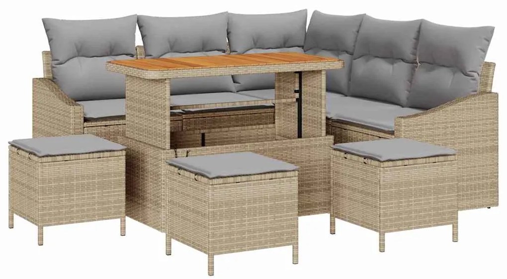 vidaXL Σετ Καναπέ Κήπου με μαξιλάρι 9 pcs Μπεζ Πολυ ράταν