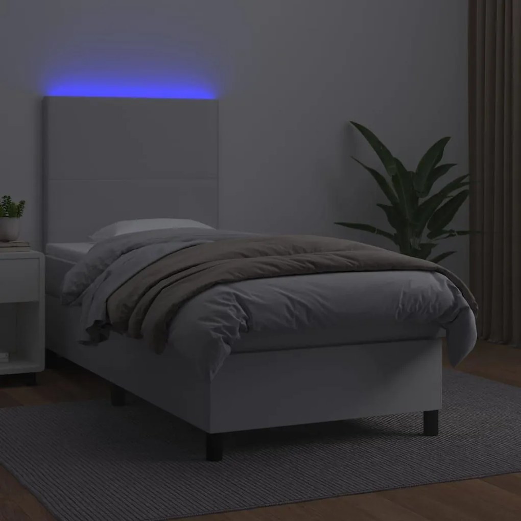 Κρεβάτι Boxspring με Στρώμα &amp; LED Λευκό 90x190 εκ. Συνθ. Δέρμα - Λευκό