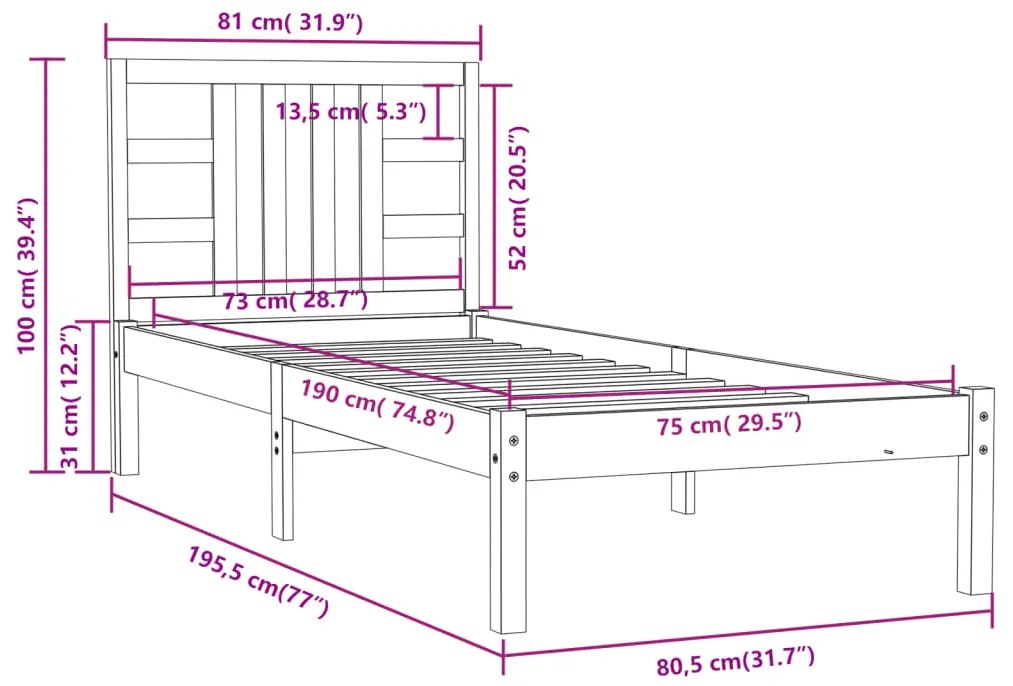 vidaXL Πλαίσιο Κρεβατιού 75 x 190 εκ. από Μασίφ Ξύλο Small Single