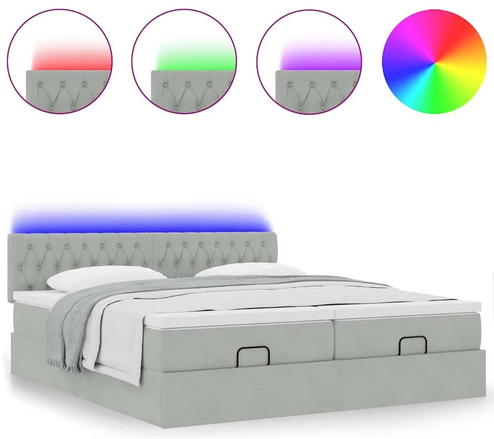 vidaXL Οθωμανικό κρεβάτι με στρώματα & LEDs Ανοιχτό γκρι Βελούδο