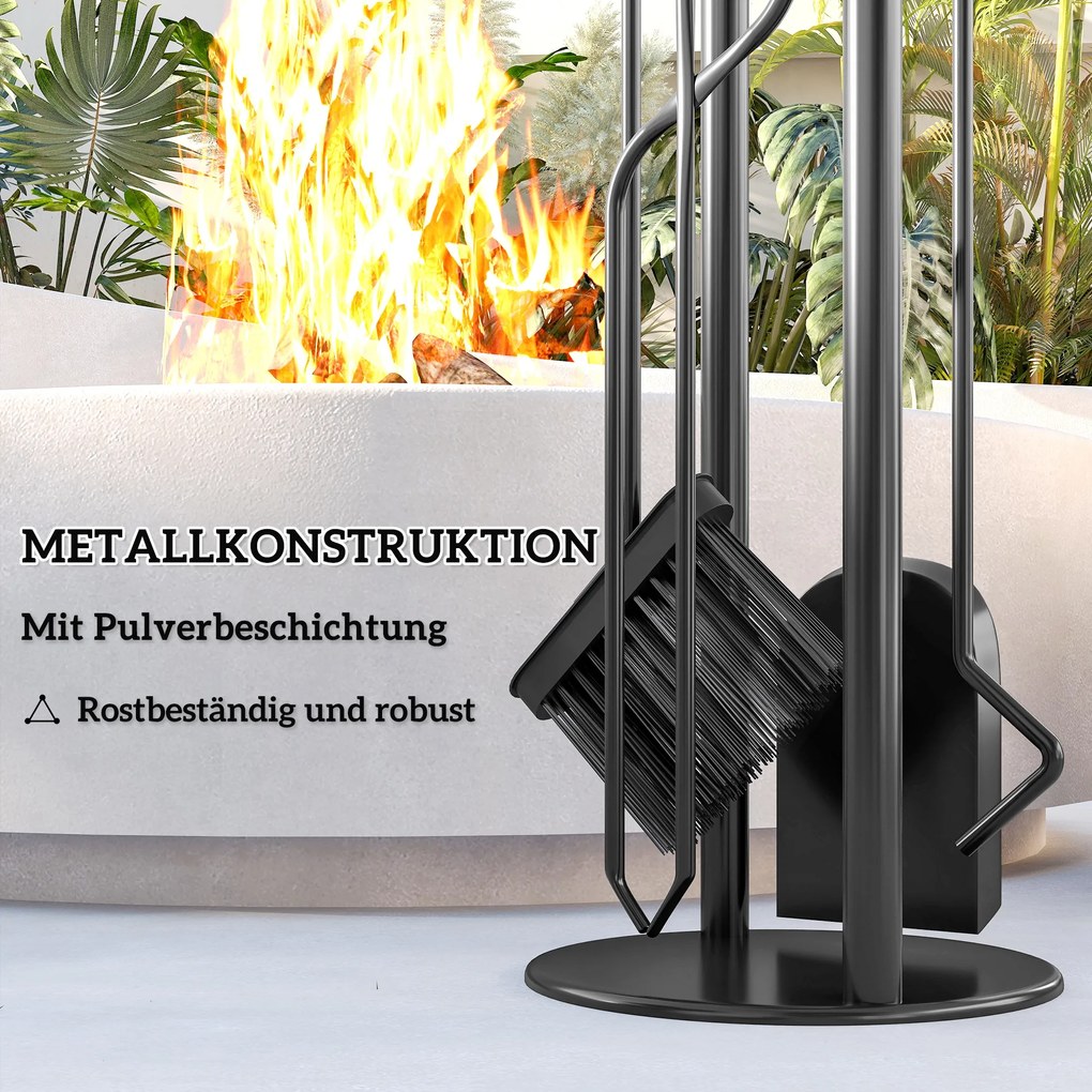 Σετ εργαλείων τζακιού Outsunny 5 τεμαχίων, αξεσουάρ τζακιού με σκούπα, φτυάρι, γάντζο, τσιμπίδα, βάση