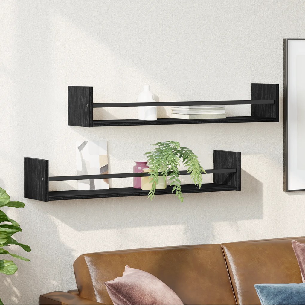 vidaXL Ράφια τοίχου 2 τμχ Μαύρο Δρυς 80x16x14 εκ Επεξεργασμένο ξύλο
