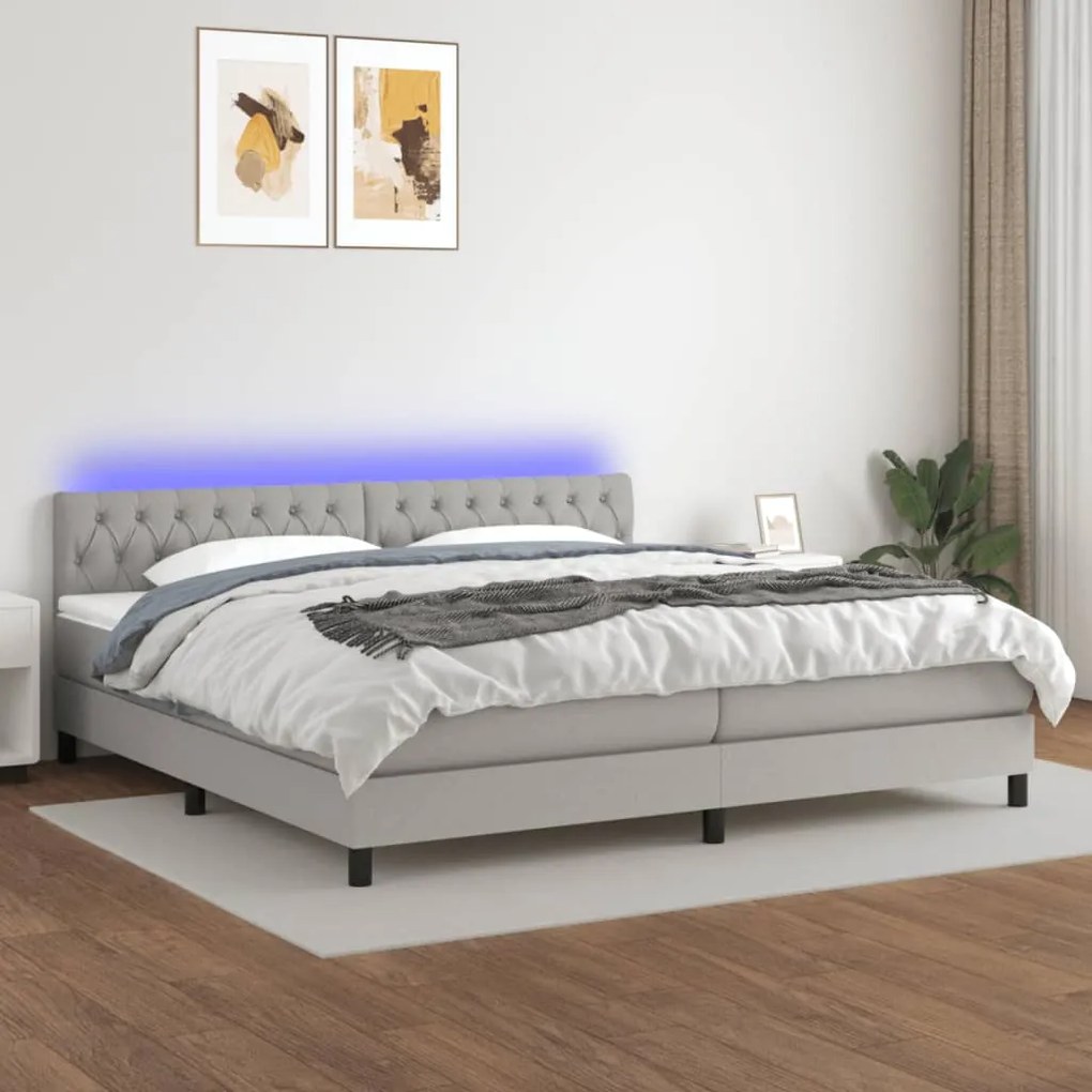 vidaXL Κρεβάτι Boxspring με Στρώμα & LED Αν.Γκρι 200x200εκ. Υφασμάτινο