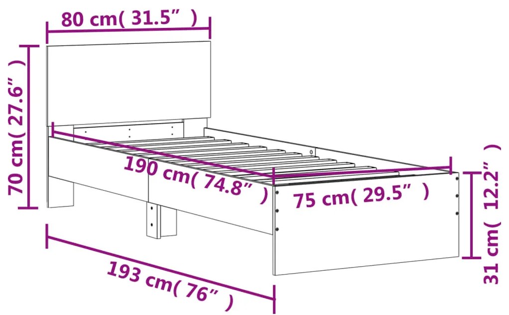 Πλαίσιο Κρεβατιού με Κεφαλάρι Γκρι Sonoma 75x190 εκ. Επεξ. Ξύλο - Γκρι