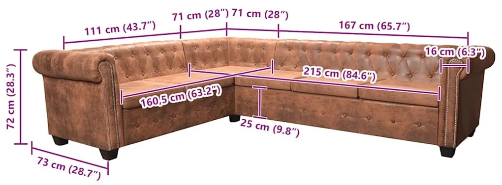 vidaXL Καναπές Γωνιακός Εξαθέσιος Chesterfield Καφέ Συνθετικό Δέρμα