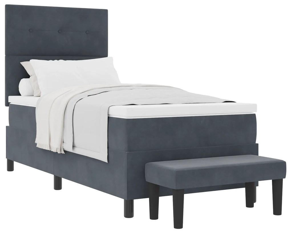 vidaXL Κρεβάτι Box Spring με Στρώμα & Παγκάκι Σκοτεινό Γκρι 90x200 εκ Βελούδο
