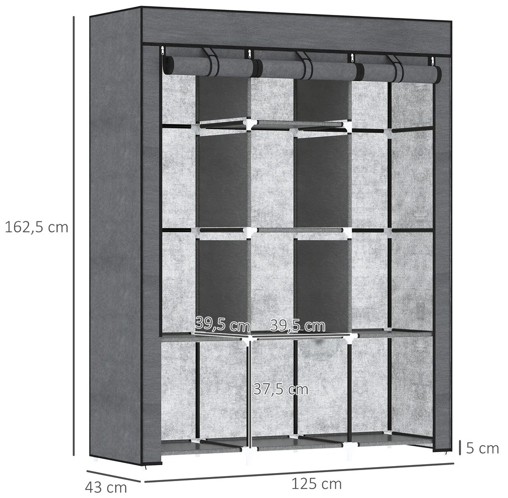 Ντουλάπα από ύφασμα HOMCOM, λύση αποθήκευσης, 8 ράφια, 2 ράβδοι ρούχων, σκούρο γκρι