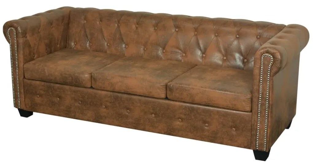 vidaXL Καναπές Τριθέσιος Chesterfield Καφέ Συνθετικό Δέρμα