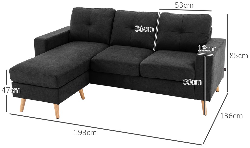 HOMCOM Καναπές τριών θέσεων, γωνιακός καναπές, με chaise longue, καπιτονέ κουμπιά, 193x136x85 cm, Μαύρο