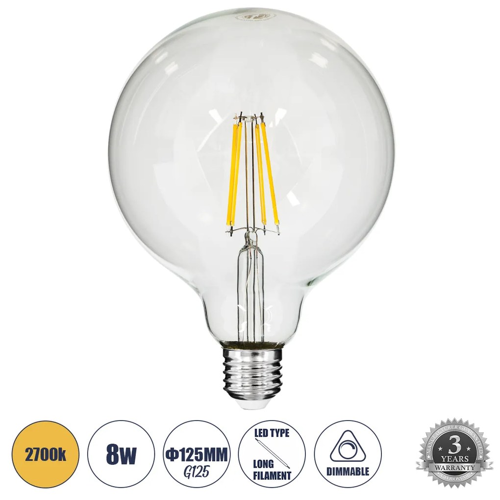 GloboStar 99013 Λάμπα LED Long Filament E27 G125 Γλόμπος 8W 800lm 360° AC 220-240V IP20 Φ12.5 x Υ18cm Θερμό Λευκό 2700K με Διάφανο Γυαλί - Dimmable - 3 Years Warranty - 99013