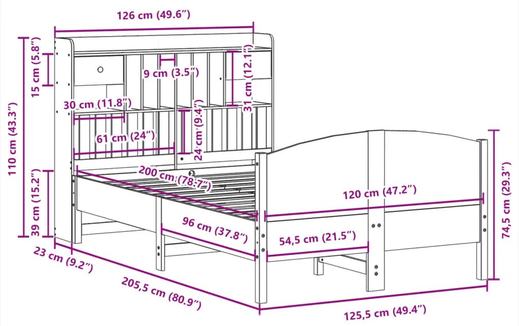 Κρεβάτι Βιβλιοθήκη Χωρίς Στρώμα 120x200 εκ Μασίφ Ξύλο Πεύκο - Καφέ