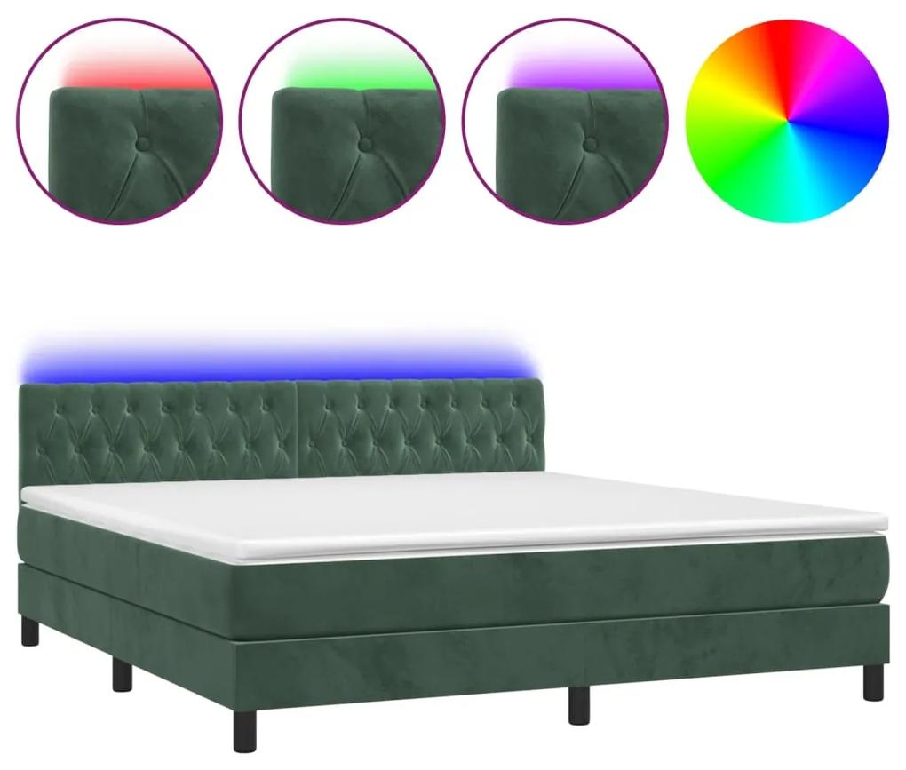 vidaXL Κρεβάτι Boxspring με Στρώμα & LED Σκ. Πράσινο 180x200εκ Βελούδο