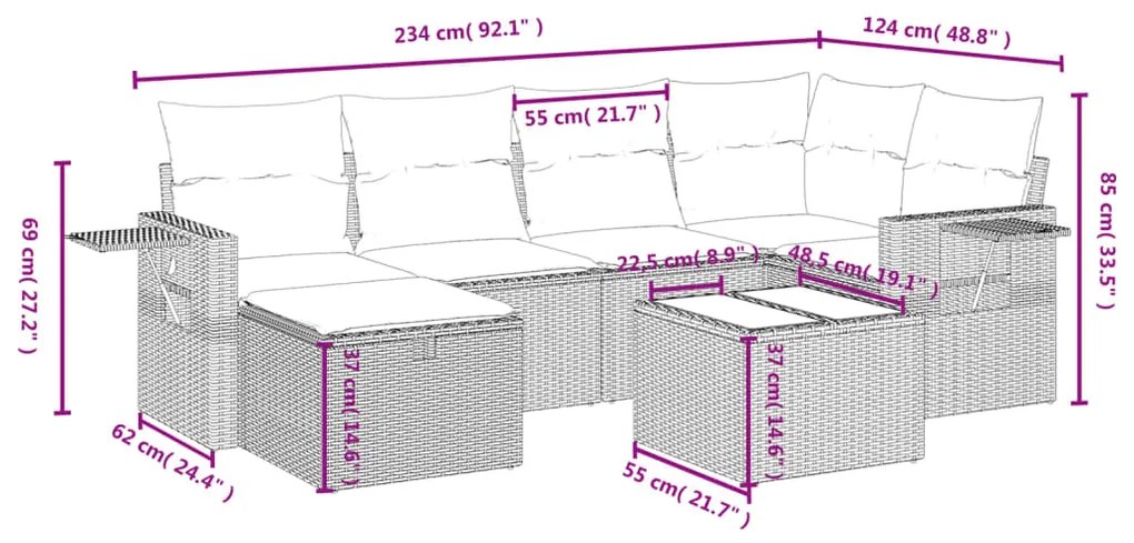 vidaXL Καναπές Σετ 7 Τεμαχίων Μαύρο Συνθετικό Ρατάν με Μαξιλάρια