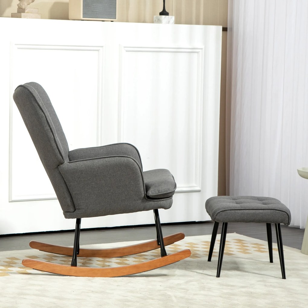 HOMCOM Κουνιστή πολυθρόνα με υποπόδιο, άνετη, έως 130 kg, όψη λινό, 64x89x90cm, Σκούρο γκρι