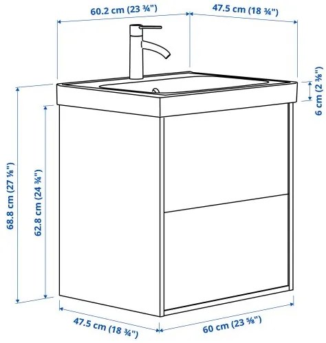 ANGSJON/BACKSJON βάση νιπτήρα με συρτάρια/νιπτήρα/μπαταρία, 60x48x69 cm 295.140.37