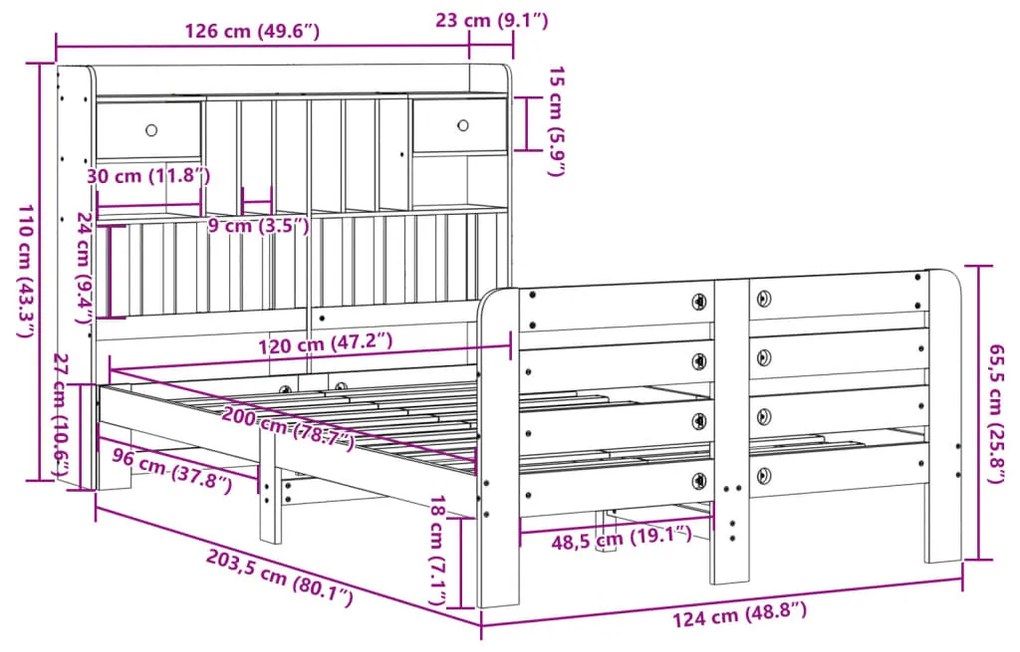 Κρεβάτι Βιβλιοθήκη Χωρίς Στρώμα 120x200 εκ Μασίφ Ξύλο Πεύκο - Καφέ