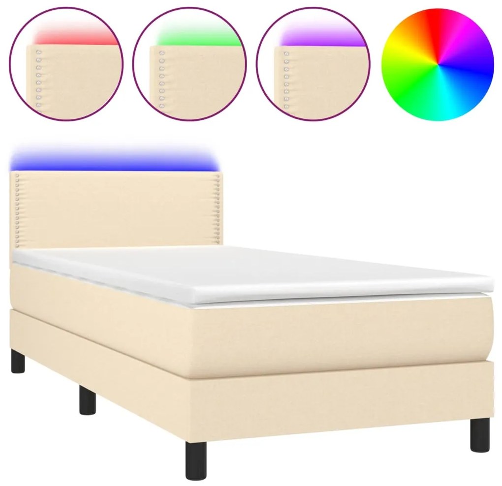 vidaXL Κρεβάτι Boxspring με Στρώμα & LED Κρεμ 100x200 εκ. Υφασμάτινο