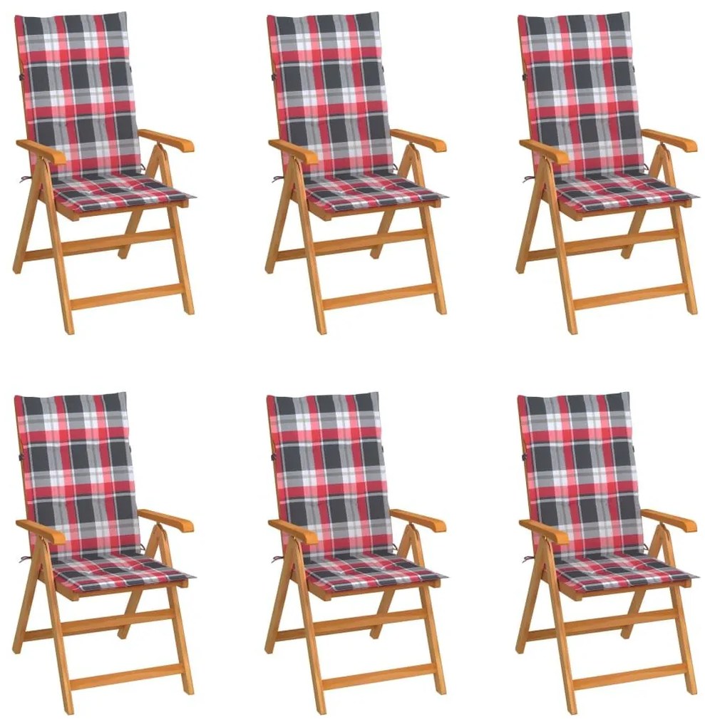Καρέκλες Κήπου 6 τεμ. Μασίφ Ξύλο Teak με Κόκκινα Καρό Μαξιλάρια - Πολύχρωμο