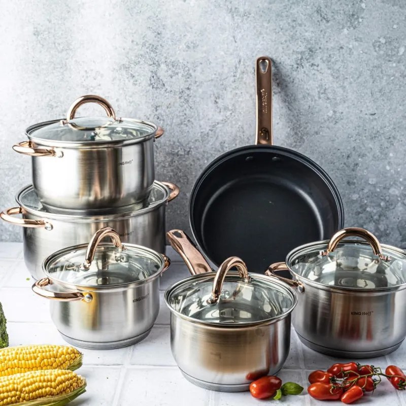 Σετ κατσαρόλες και τηγάνια Kinghoff KH 1765, 12 h, επαγωγή, Inox/ροζ χρυσό
