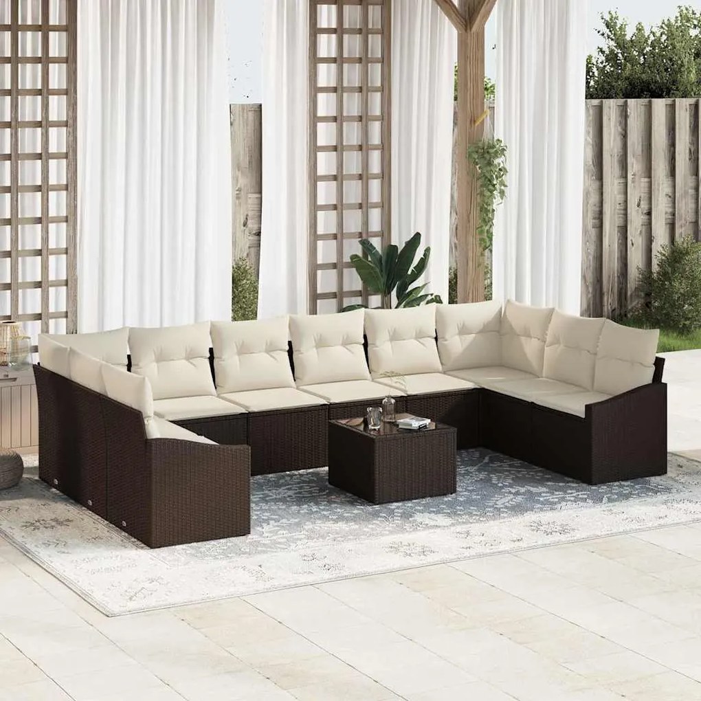 vidaXL Σέτ φαγητού για κήπο με μαξιλάρι 11 pcs Καφέ, Κρέμα