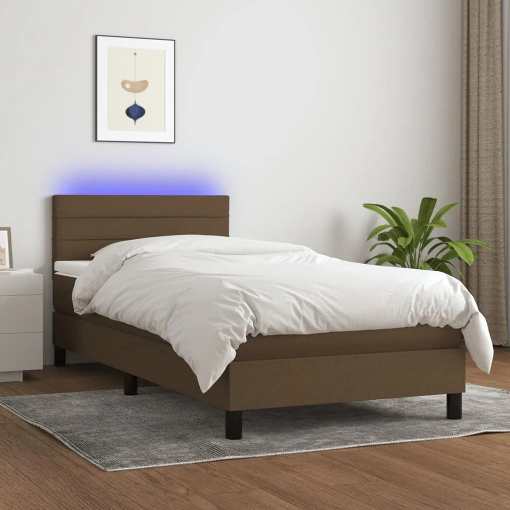 vidaXL Κρεβάτι Boxspring με Στρώμα &amp; LED Σκ.Καφέ 80x200 εκ. Υφασμάτινο