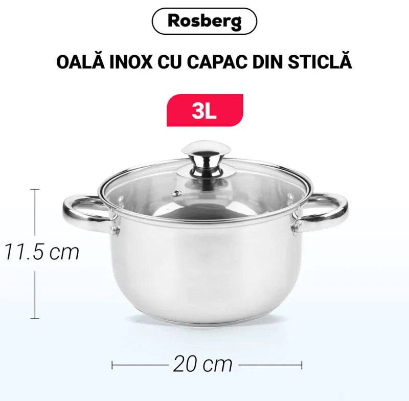 Κατσαρόλα Rosberg R51210O20, 3L, 20 cm, Γυάλινο καπάκι με τρύπα εκτόνωσης ατμού, Inox