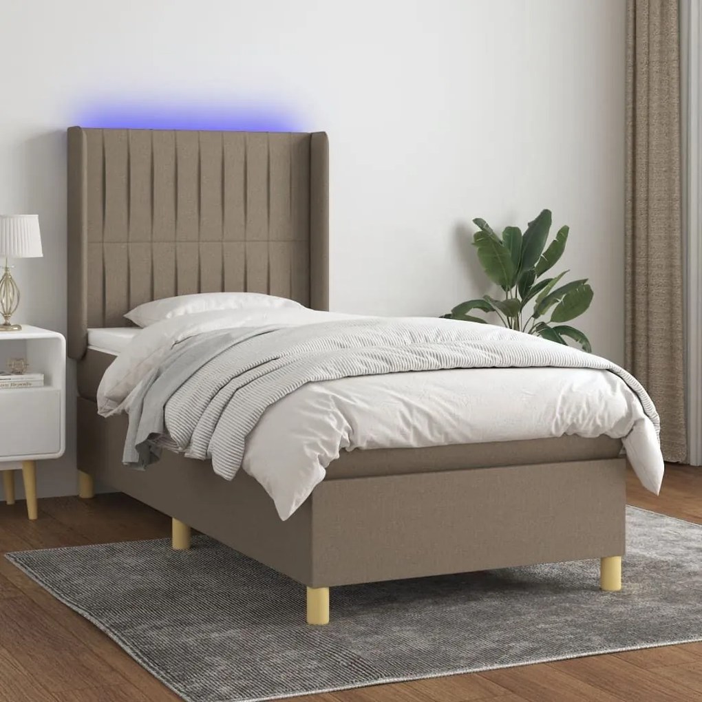 Κρεβάτι Boxspring με Στρώμα &amp; LED Taupe 90x190 εκ. Υφασμάτινο - Μπεζ-Γκρι