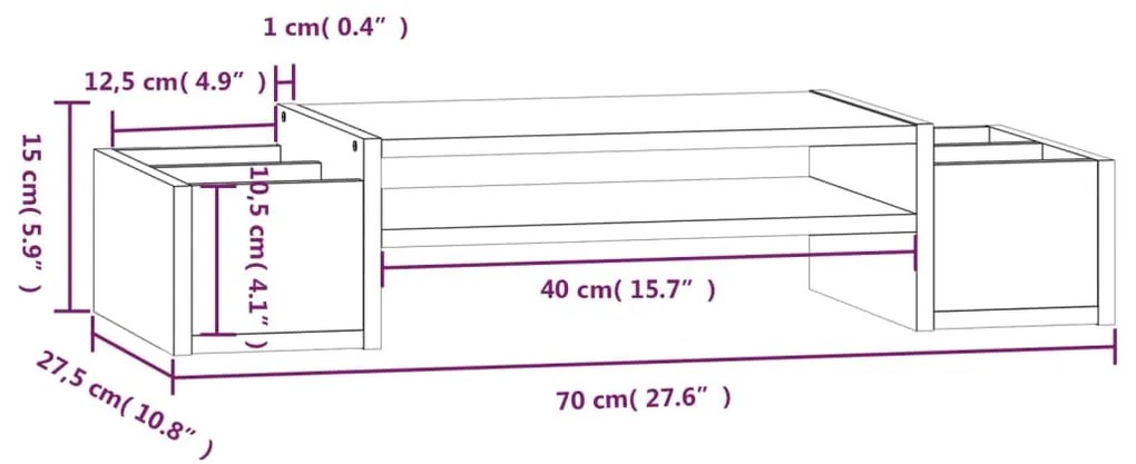 Βάση Οθόνης Μαύρη 70x27,5x15 εκ. από Μασίφ Ξύλο Πεύκου - Μαύρο