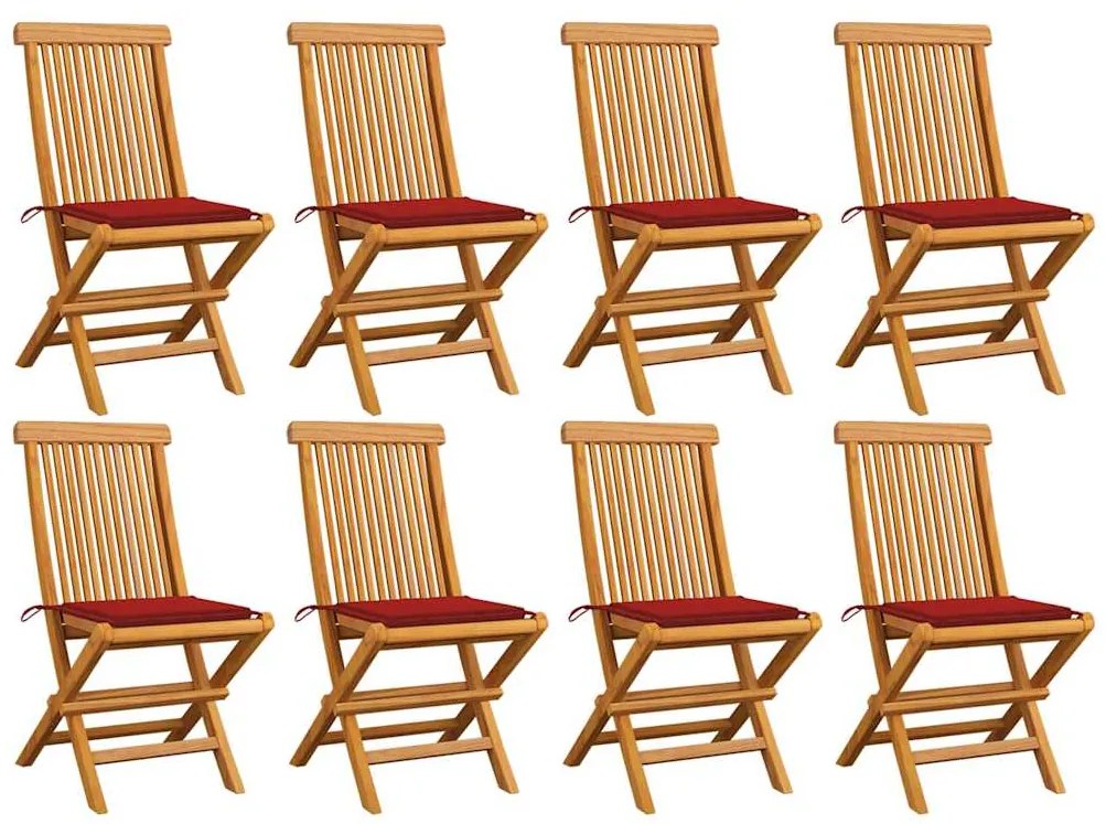 vidaXL Καρέκλες Κήπου 8 τεμ. από Μασίφ Ξύλο Teak με Κόκκινα Μαξιλάρια