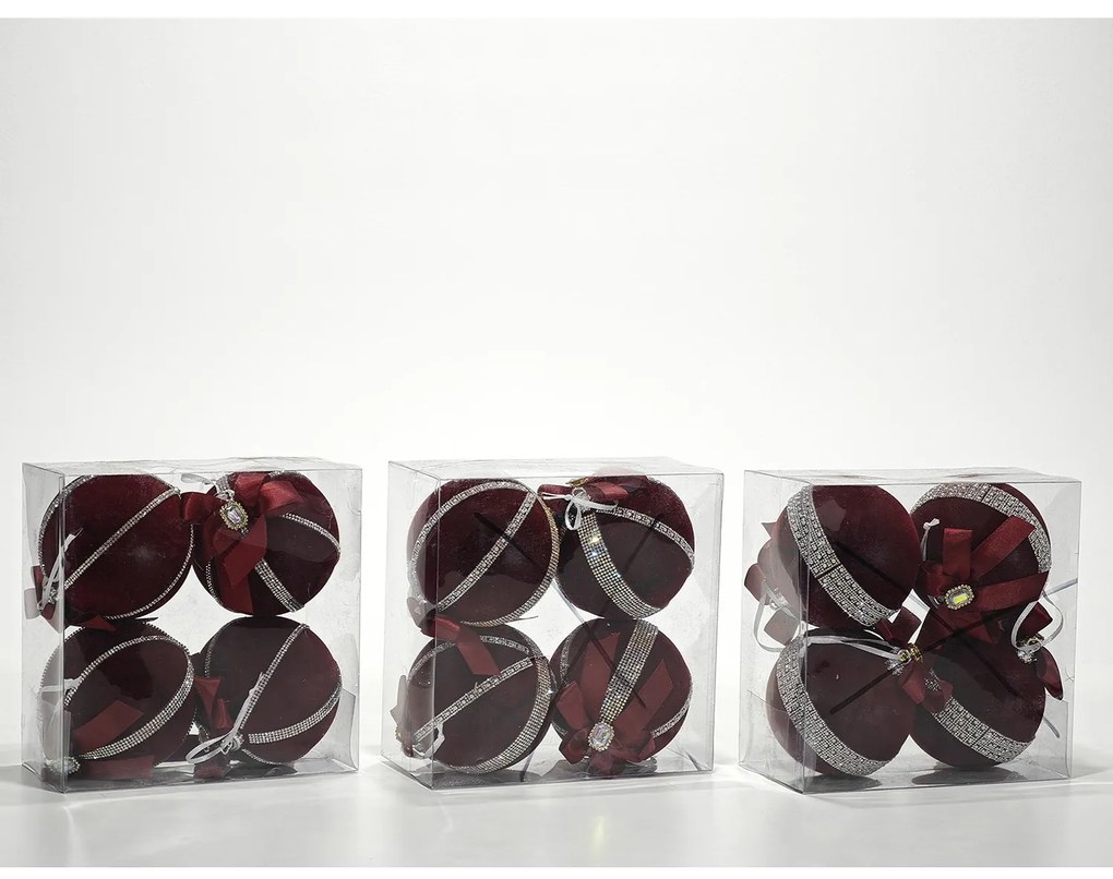 Χριστουγεννιάτικη Μπάλα Μπορντό 100mm Σετ 4Τμχ Σε 3 Σχέδια