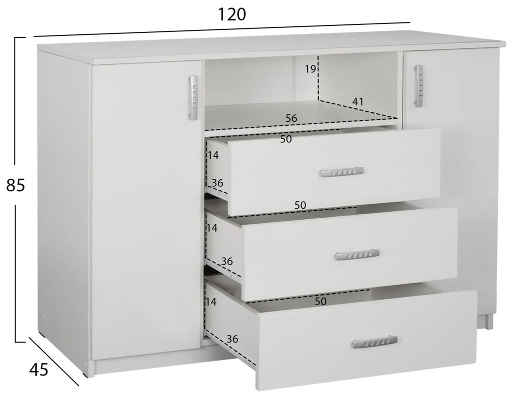 Μπουφές Με 2 Ντουλάπια Κ 3 Συρτάρια Adler Λευκός 120x45x85y Εκ.