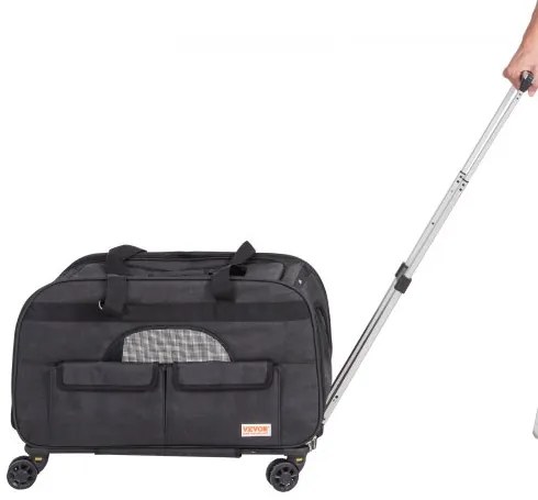 VEVOR Cat Carrier with Wheels, Rolling Pet Carrier with Telescopic Handle and Shoulder Strap, Dog Carrier with Wheels for Pets under 35 lbs, with 1 Folding Bowl, Black