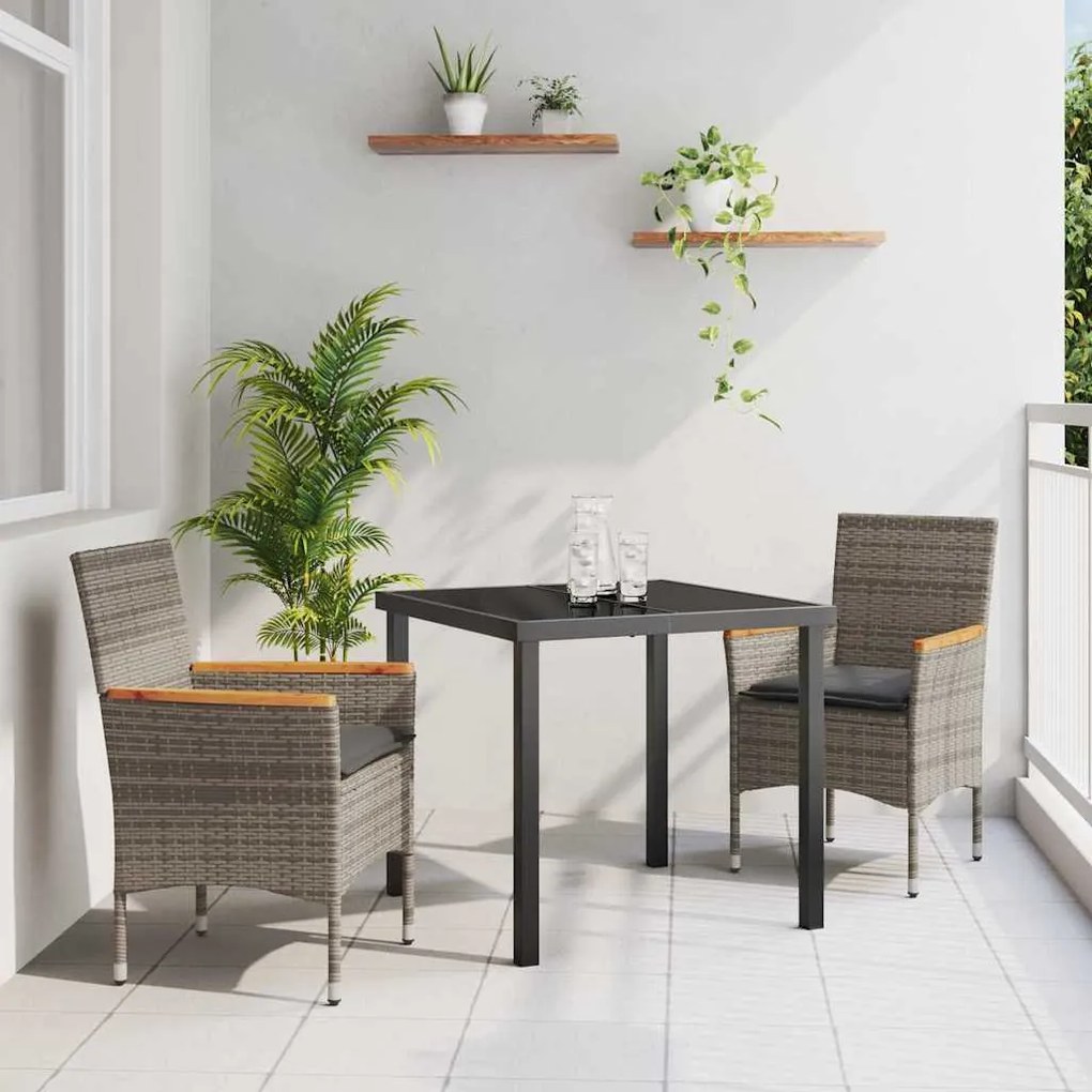 vidaXL Σέτ φαγητού για κήπο με μαξιλάρι 3 pcs Γκρι Πολυ ράταν