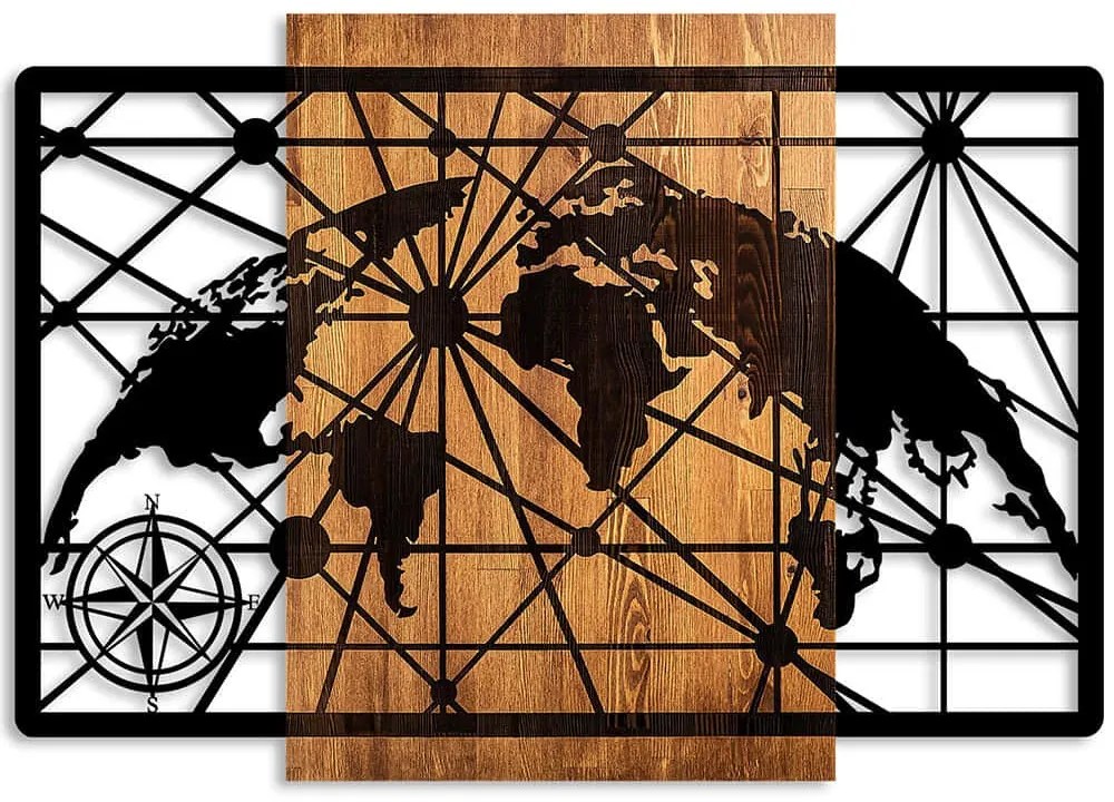 Διακοσμητικό Τοίχου World Map 899SKL2629 99x70cm Walnut-Black Wallity Μέταλλο,Ξύλο