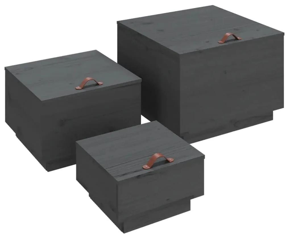 Κουτιά Αποθήκευσης με Καπάκια 3 τεμ. Γκρι από Μασίφ Ξύλο Πεύκου - Γκρι